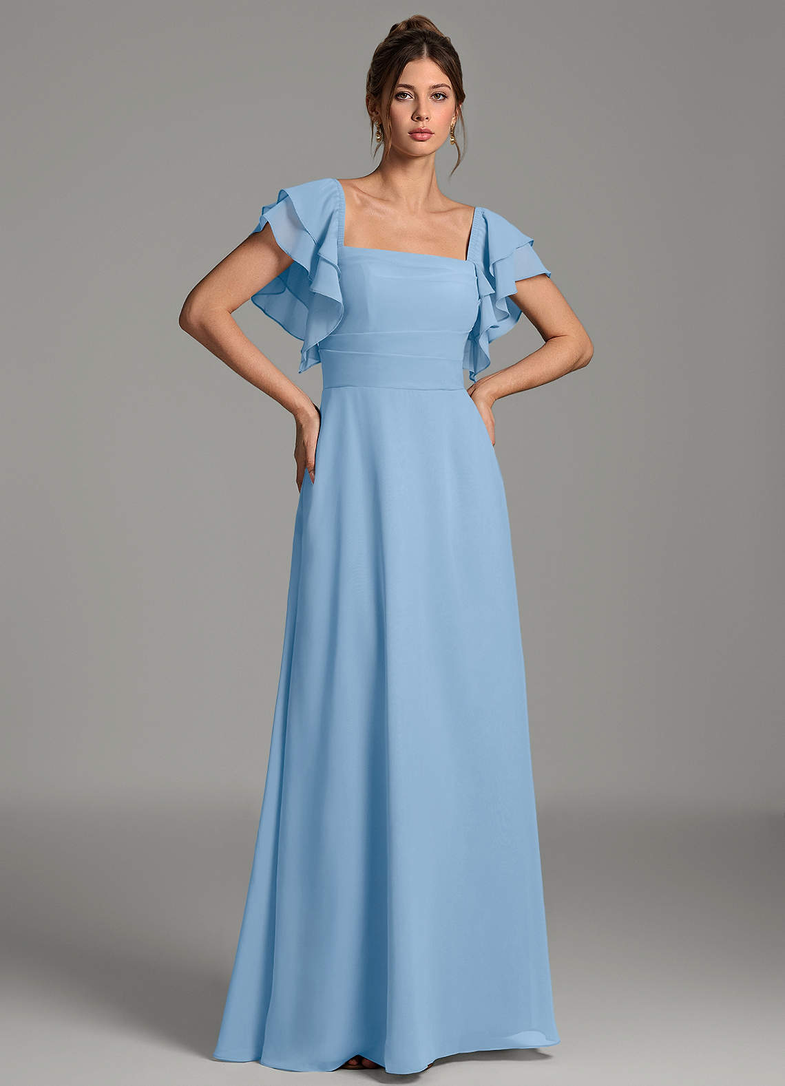 powder blue bridesmaid dresses Azazie Dacia Empire Fabric In-stock Beige Halter Neck Polka Colors:Silver
