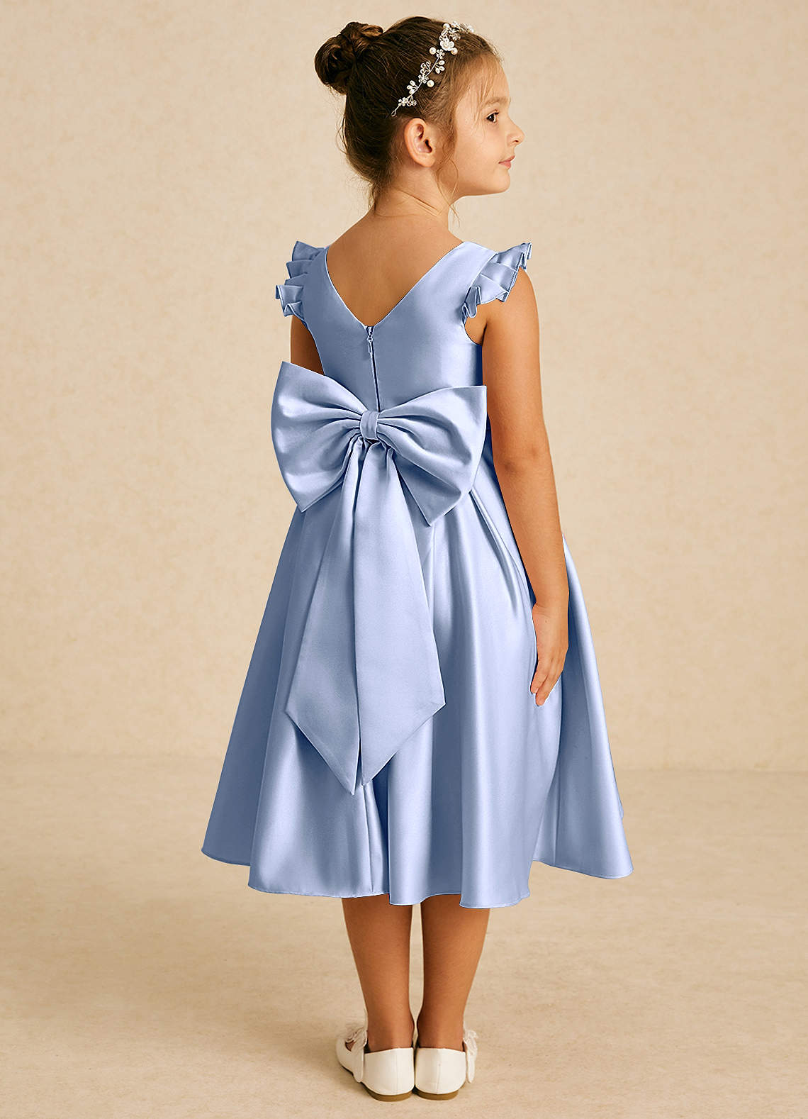 Azazie Francine Flower Girl Dresses Ice A-Line Bow Matte Satin Dress image1