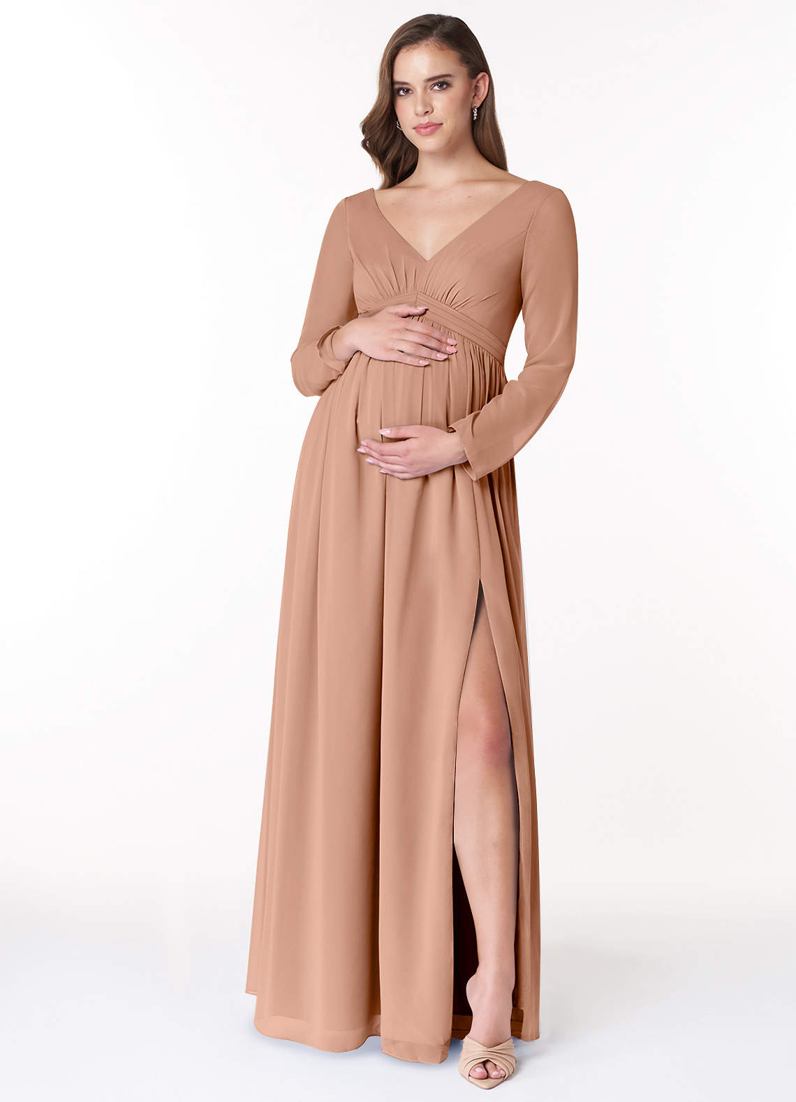 Azazie Teton Ready to Ship Champagne Rose Maternity Bridesmaid Dresses |  Azazie