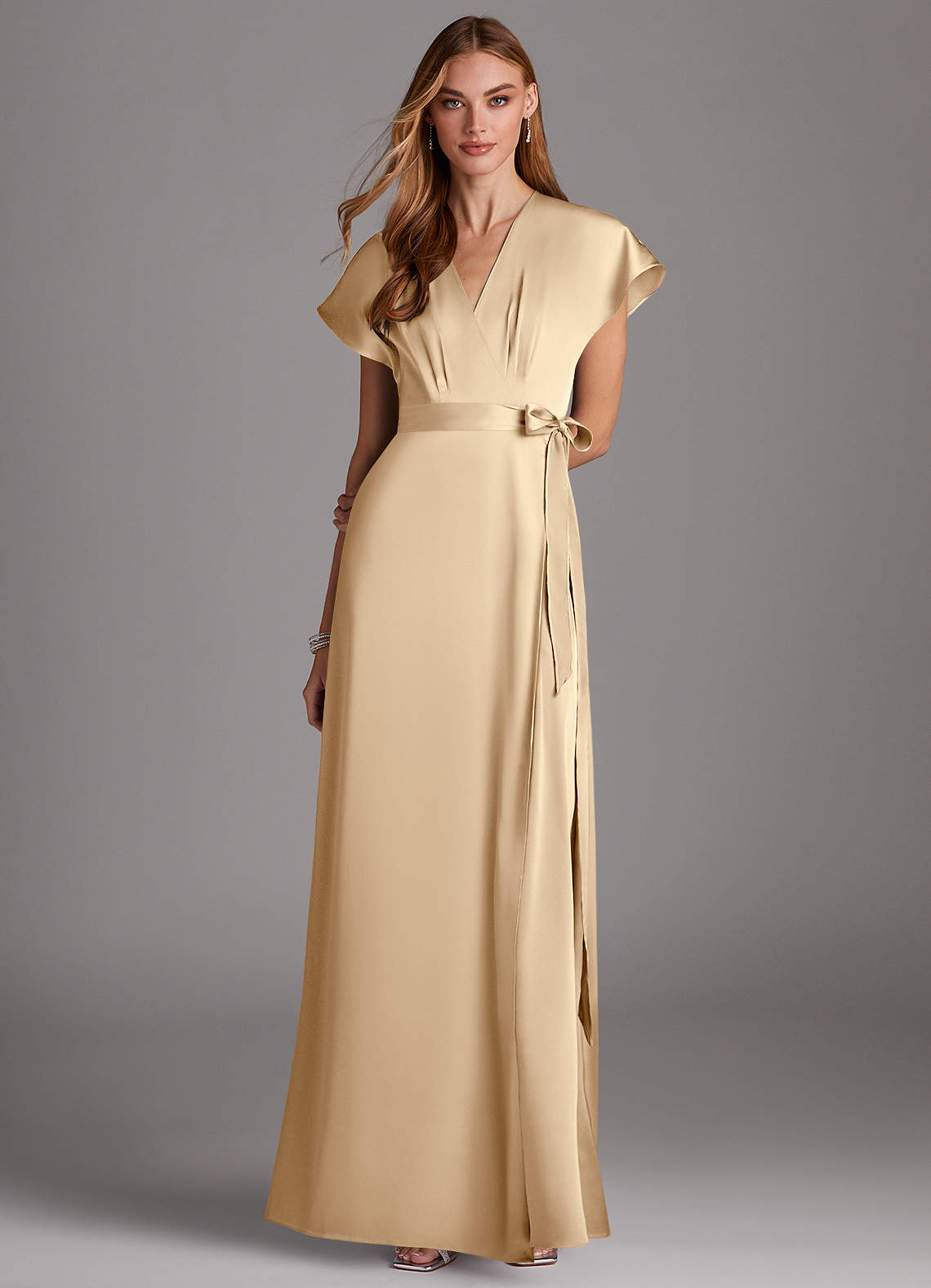 Azazie Nico Ready to Ship Champagne Stretch Satin Bridesmaid Dresses |  Azazie