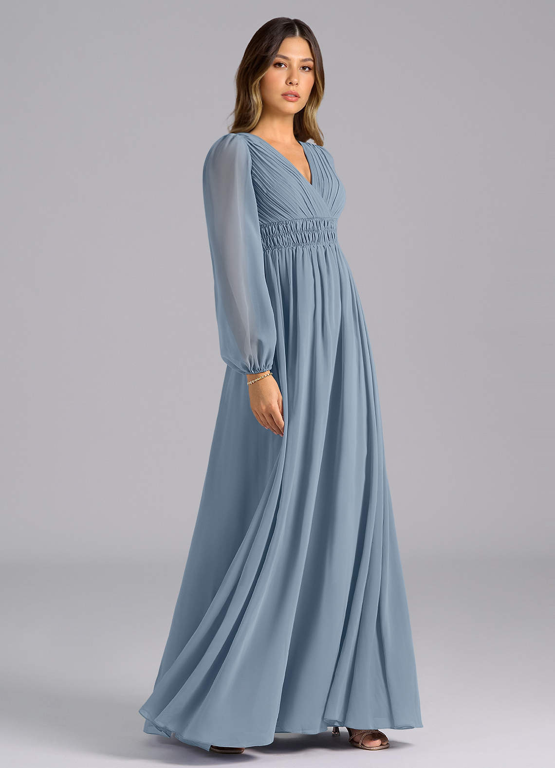 Azazie Palerma Jurken voor bruidsmeisjes Jurk van Chiffon met A-Lijn Lange mouw Stoffig Blauw image4