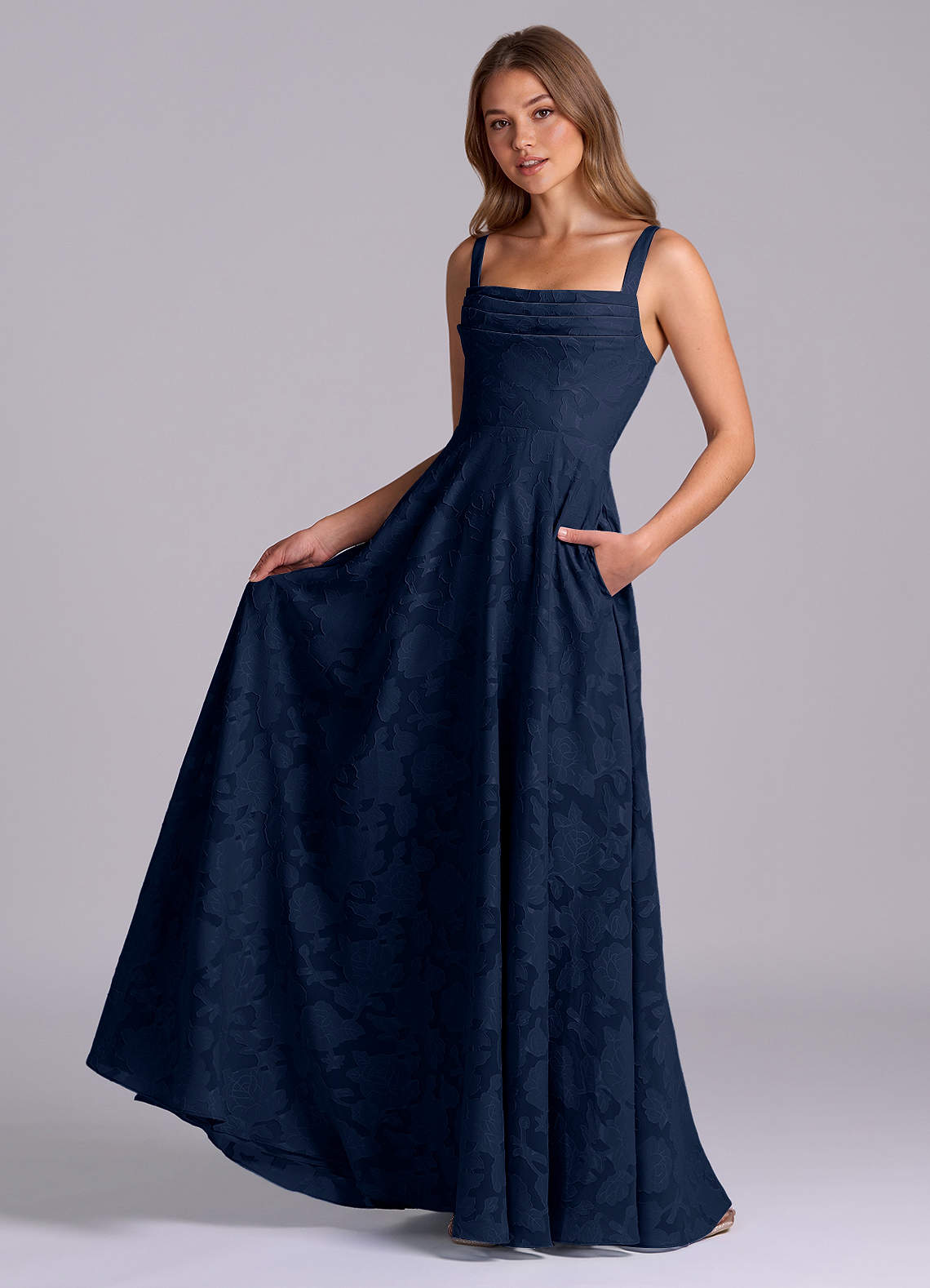 Azazie Shaude Bridesmaid Dresses Dark Navy A-Line Pleated Floral Burnout Dress image4