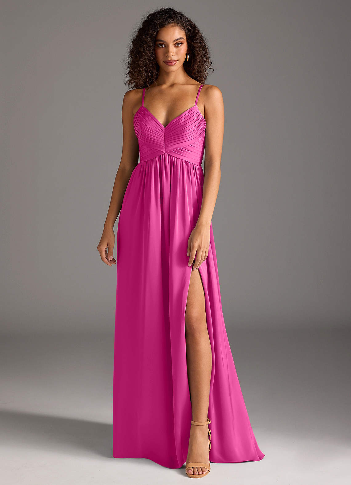 Azazie Alia Vestidos de damas de honor Vestido de Fucsia de Satén Elástico de Corte en A con Plisado image1