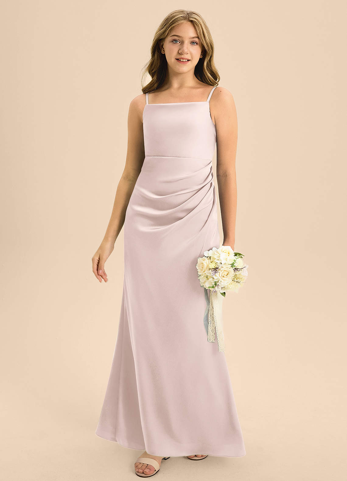 Azazie Renna Junior Blushing Pink A-Line Pleated Stretch Satin Dress image1