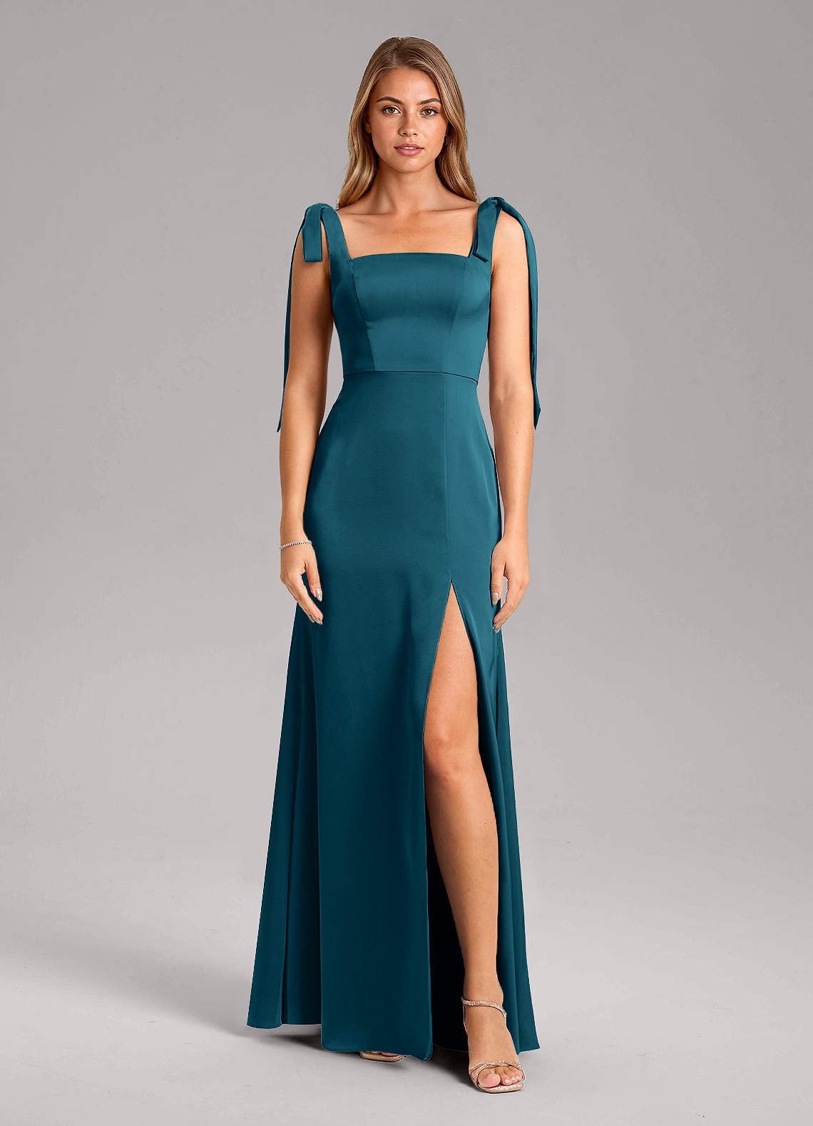 Azazie Frostine Bridesmaid Dresses Ink Blue A-Line Bow Stretch Satin Dress image10