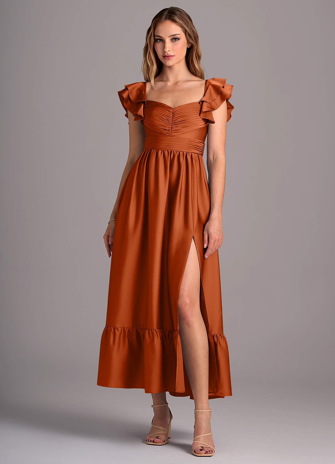 Azazie Anaya Vestidos de damas de honor Vestido de Naranja Quemada de Satén Elástico de Corte en A Convertible con Escote de Corazón image1