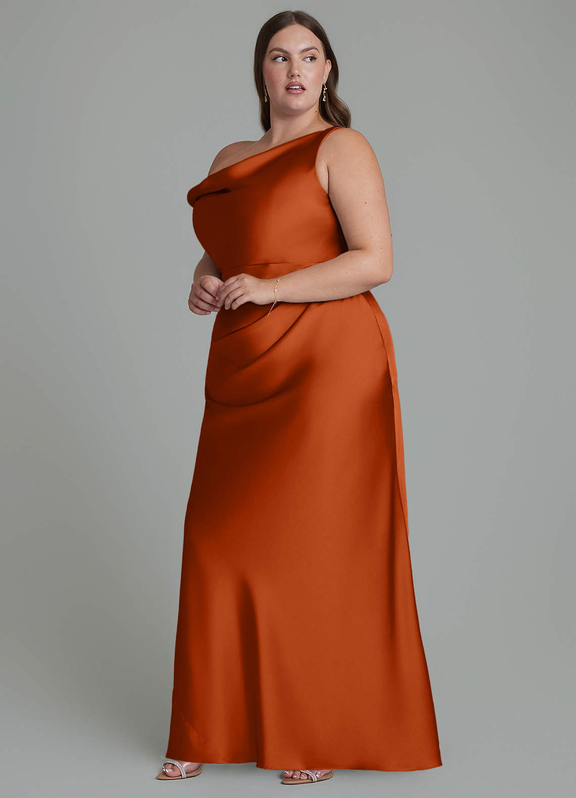 Azazie Emerson Bridesmaid Dresses Burnt Orange Mermaid Off the Shoulder Stretch Satin Dress image9