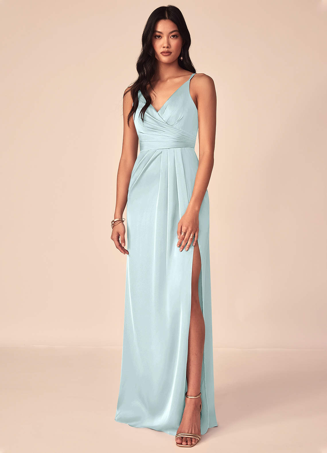 Azazie Aqua Bridesmaid Dresses Sea Glass A-Line V-Neck Pleated Stretch Satin Dress image1