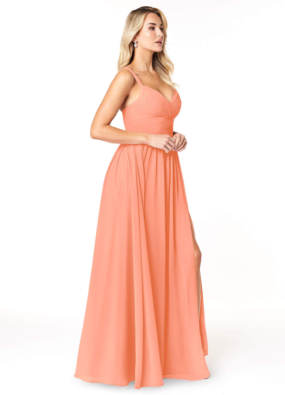 sunset bridesmaid dresses Off-the-Shoulder Chiffon This ruffled chiffon gown is actually convertible Azazie Chanel Sunset Chiffon Bridesmaid
