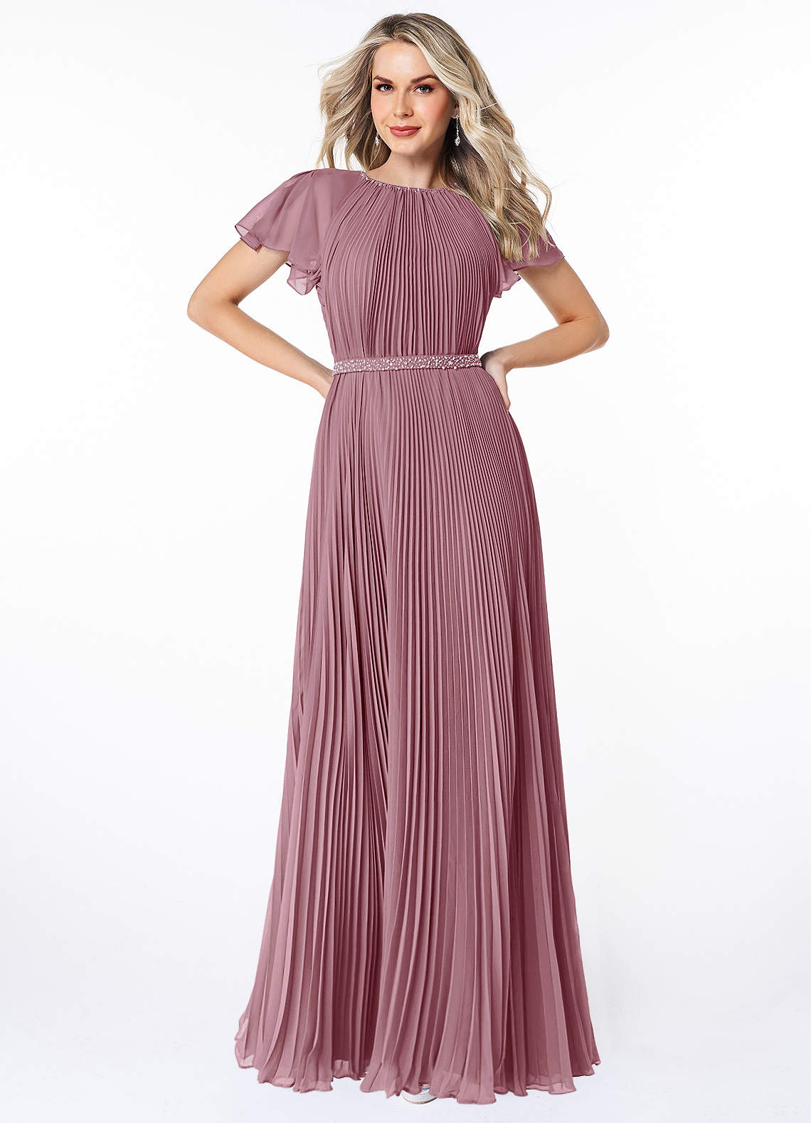 Azazie Kara Modest Bridesmaid Dresses A-Line Pleated Chiffon Floor-Length Dress image1