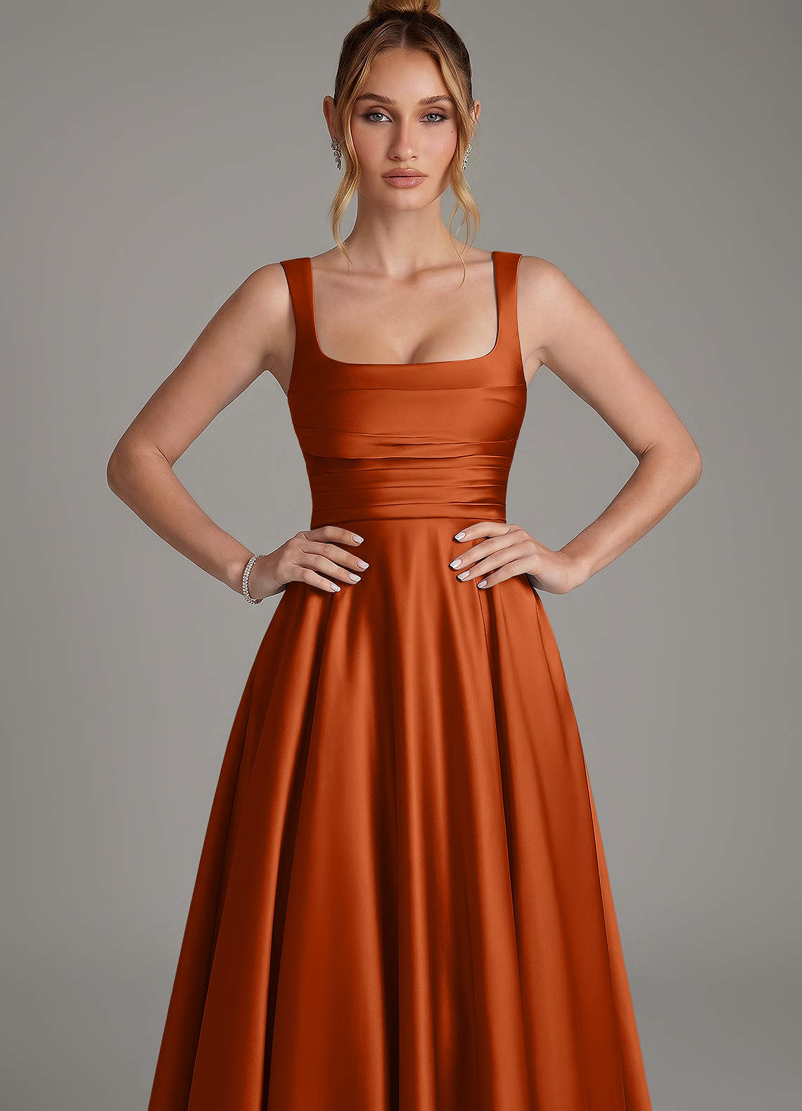 Azazie Azaria Bridesmaid Dresses Burnt Orange A-Line Corset Stretch Satin Dress image5