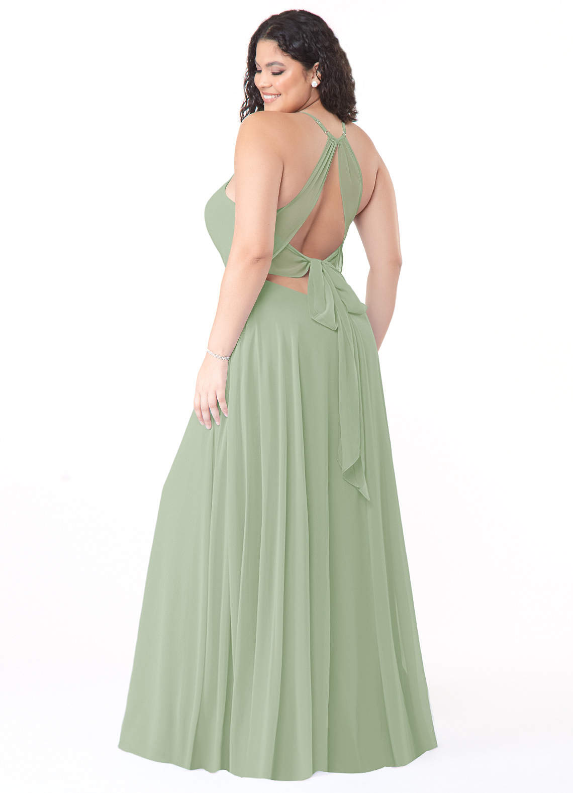 Azazie Evalleen Robes de demoiselle d'honneur Robe Trapèze en Mousseline de soie Plissée Vert Sauge image1