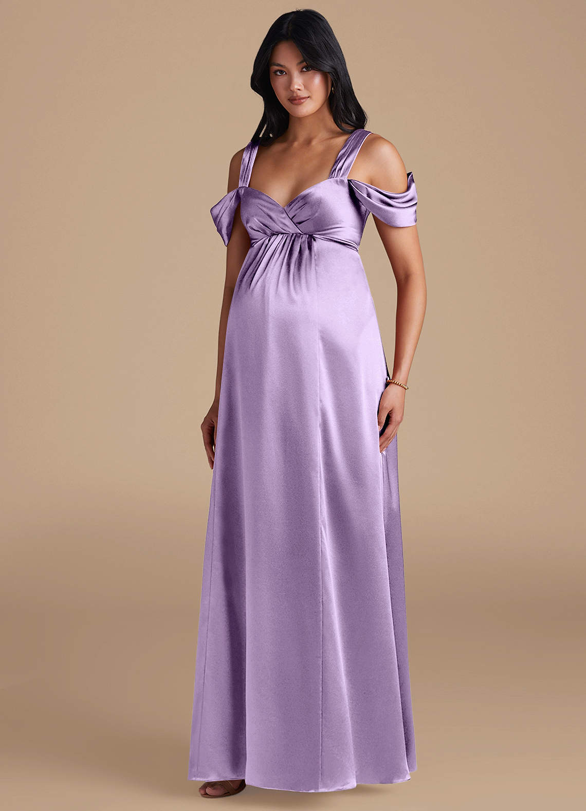 Azazie Rhea Maternity Bridesmaid Dresses A-Line Pleated Metallic Satin Floor-Length Dress image1