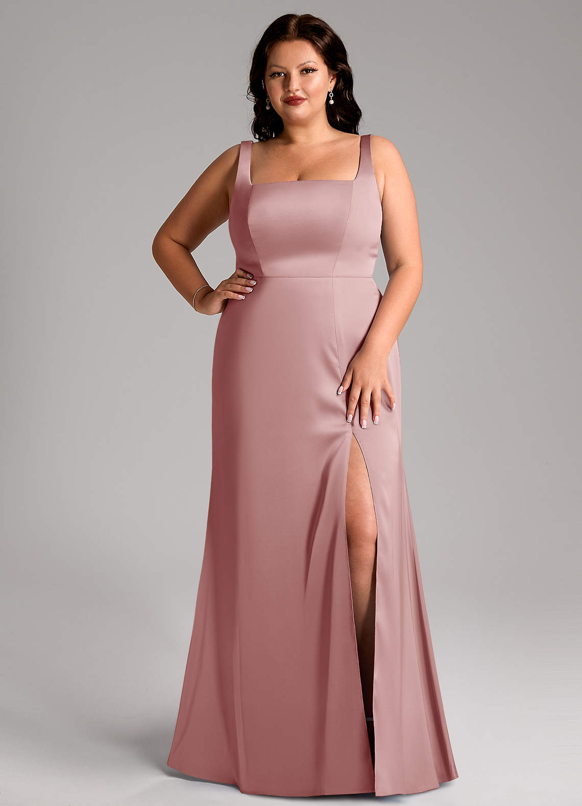 Azazie Frostine Vestidos de madrinha de casamento Vestido Rosa Empoeirada de Cetim elástico de Linha A com Arco image5