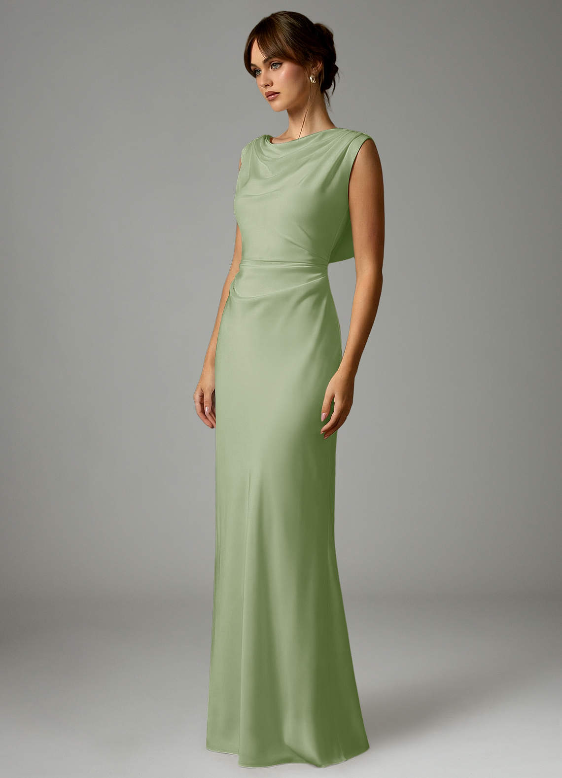 Azazie Kieryn Bridesmaid Dresses Dusty Sage Mermaid Pleated Stretch Satin Dress image2