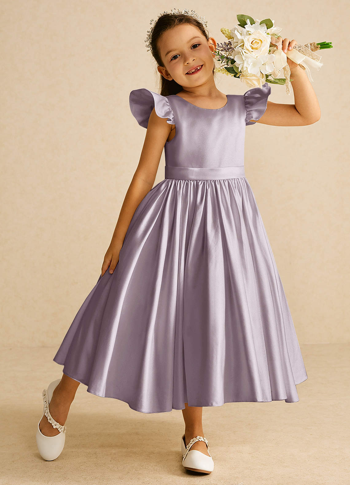 Azazie Violeta Flower Girl Dresses Dusk Ball-Gown Bow Matte Satin Dress image1