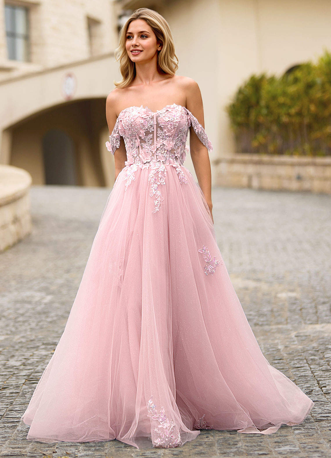 pink edmonise dress Eleanor Pink 3D Floral Lace Prom Dress