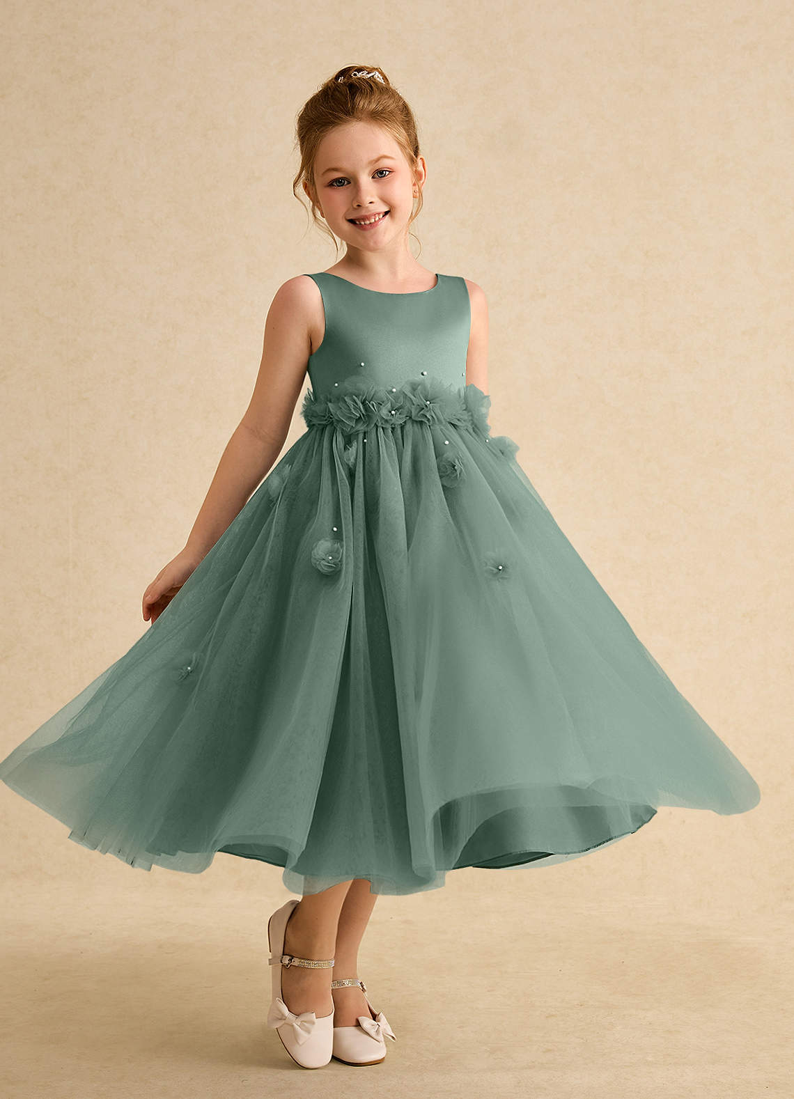 Azazie Lux vestidos de niña de las flores Vestido de Eucalipto de Tul de Corte En A con Perla image1