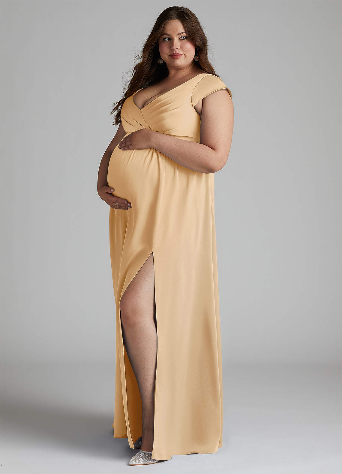 Azazie Allessia Maternity Bridesmaid Dresses A-Line Pleated Stretch Satin Floor-Length Dress image1