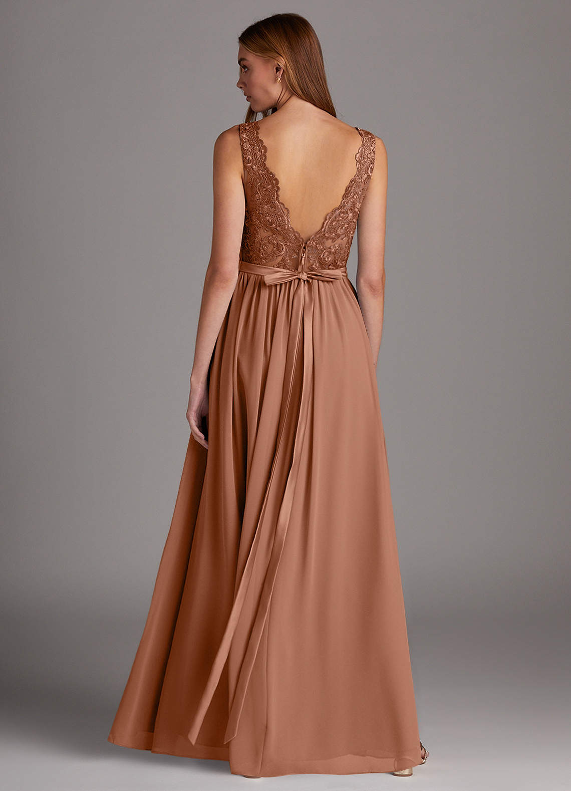 peach and brown bridesmaid dresses Dusty Peach Pleated Chiffon Sheer Back Bridesmaid Dress