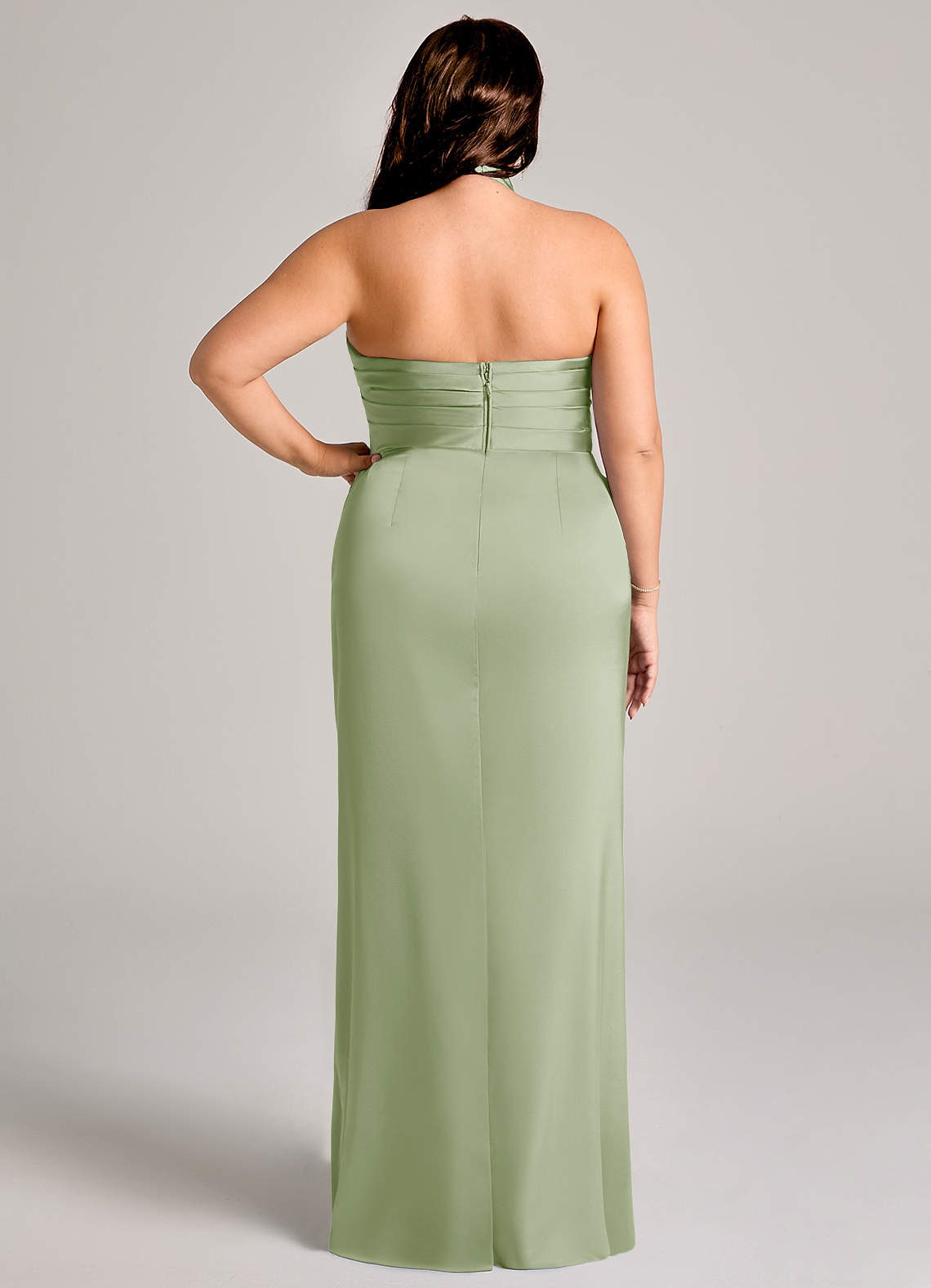 Azazie Jemma Brautjungfernkleider Etui Plissee Stretch-Satin Kleid Staubiger Salbeigrün image11