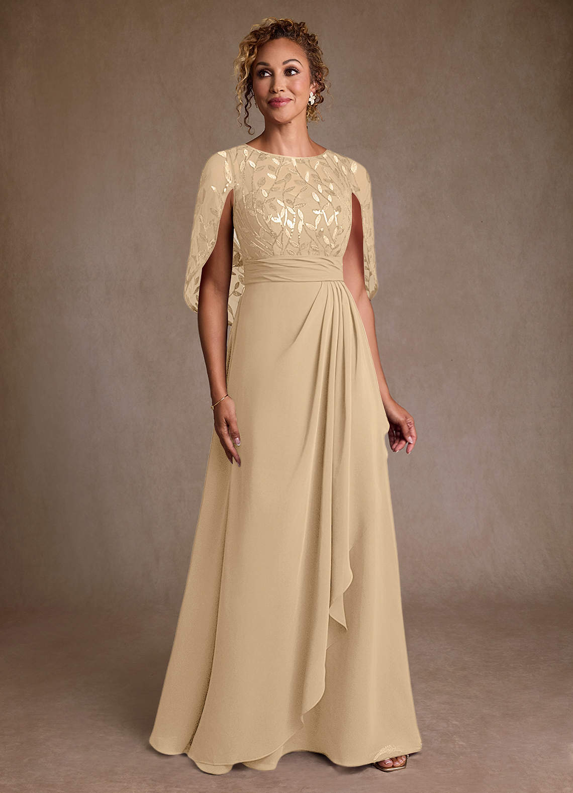 Azazie Beckley Champagne A-Line Lace Chiffon Dress | Azazie