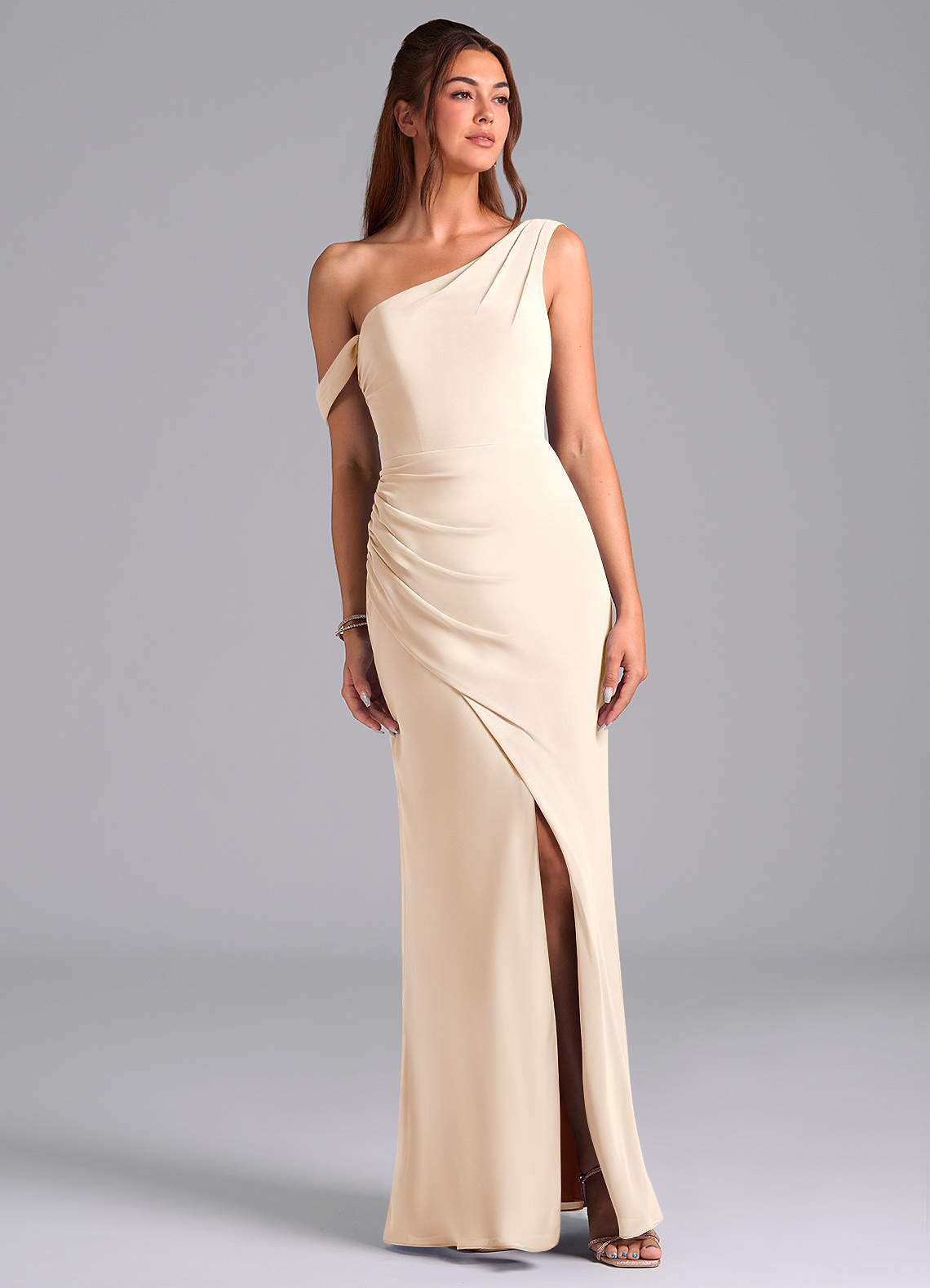 Azazie Madelyn Bridesmaid Dresses White Alabaster Mermaid Off the Shoulder Chiffon Convertible Dress image1
