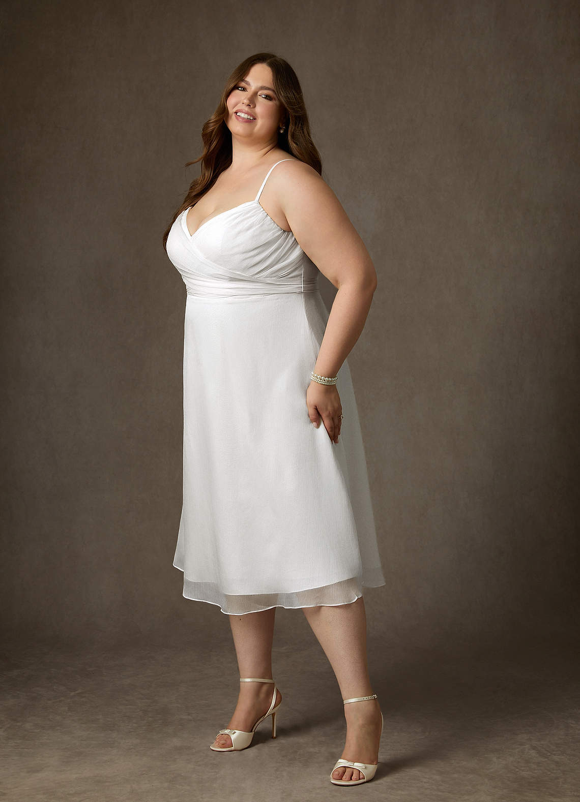 Azazie Kali At-home Try On Dresses Diamond White A-Line V-Neck Pleated Crinkle Chiffon Dress image10