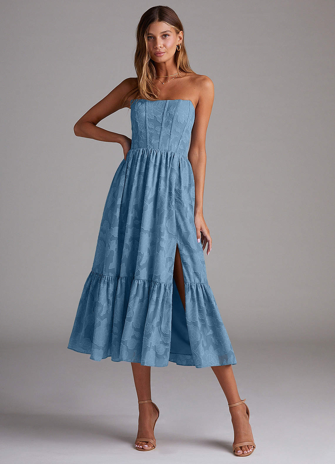 Azazie Delphina Bridesmaid Dresses Steel Blue A-Line Strapless Floral Burnout Convertible Dress image1