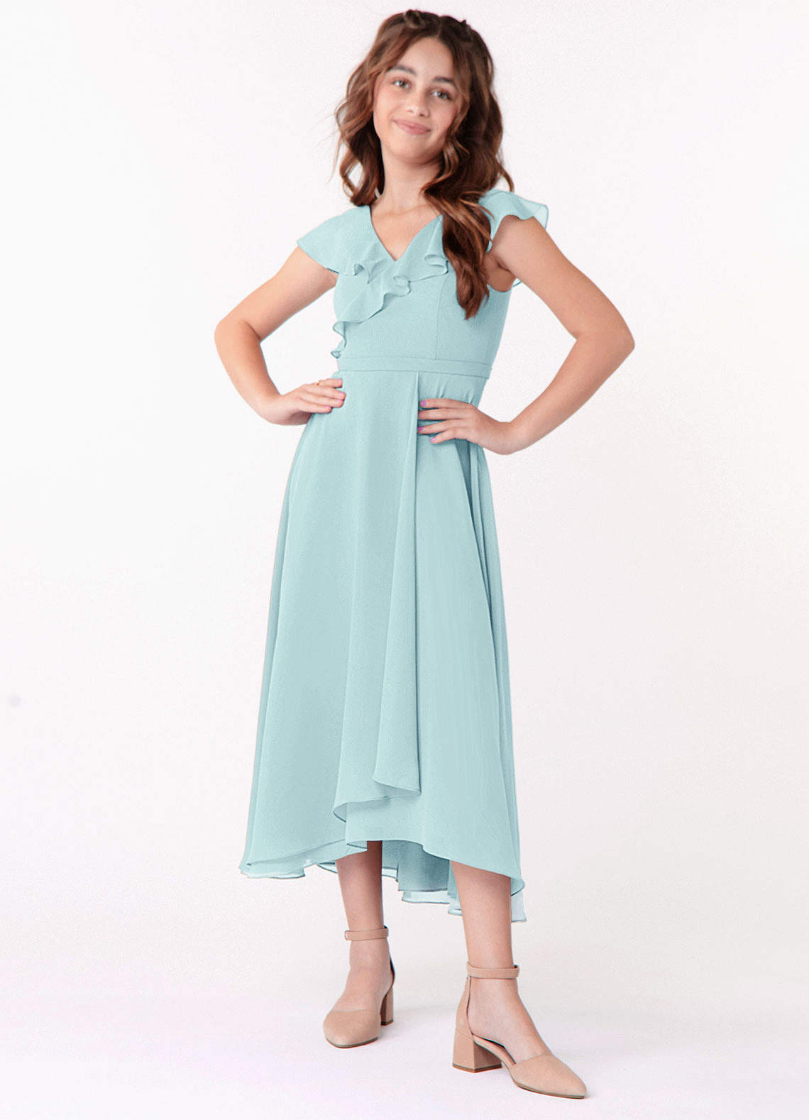 Azazie A-Line/Princess V-Neck Tea-Length Chiffon Junior Bridesmaid Dresses - Sea Glass Azazie A-Line/Princess V-Neck Tea-Length Chiffon Junior Bridesmaid Dresses - Sea Glass
