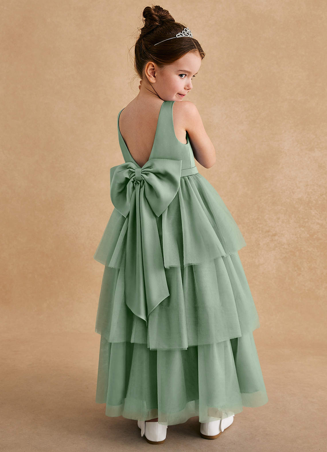 Azazie Megallie Flower Girl Dresses Matcha A-Line Bow Tulle Dress image1