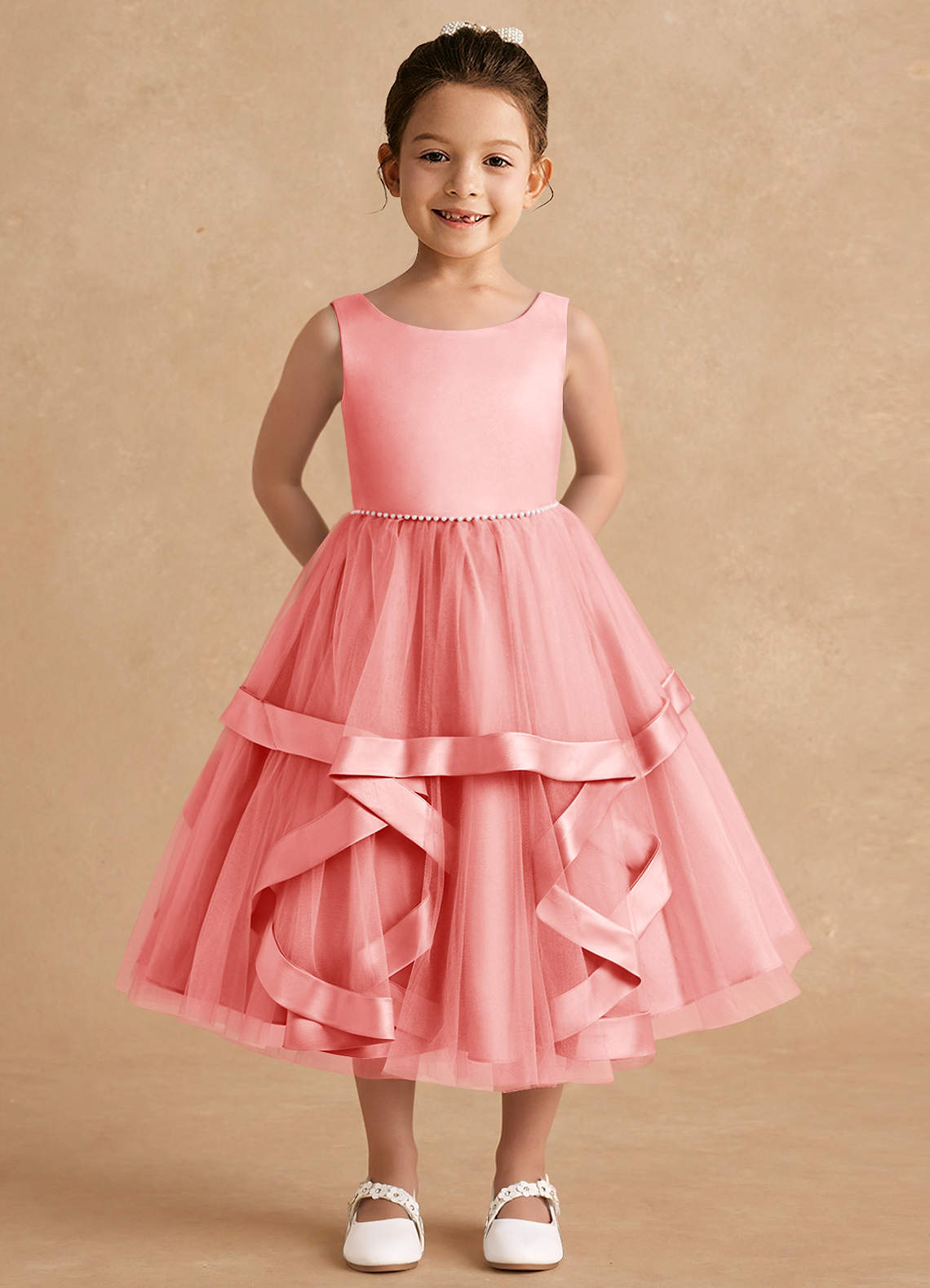 Azazie Posy Flower Girl Dresses Coral A-Line Beaded Tulle Dress image1