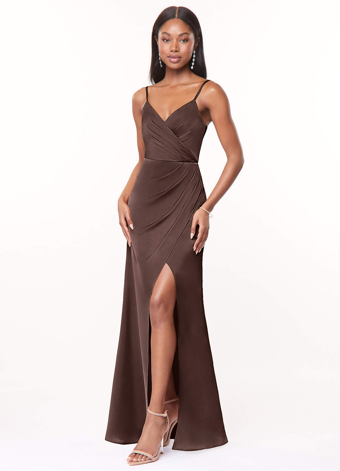 Azazie Maci Bridesmaid Dresses Ganache A-Line V-Neck Pleated Stretch Satin Dress image2