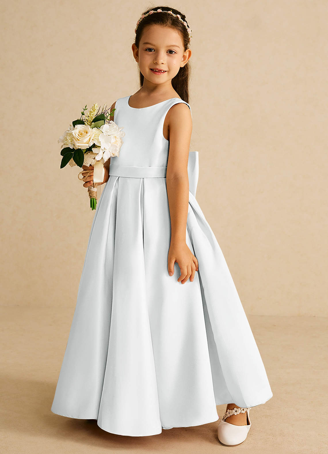 Azazie Pipsy Flower Girl Dresses Diamond White A-Line Bow Matte Satin Dress image1