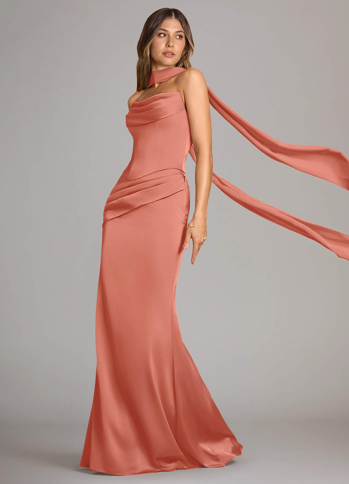 Azazie Sorrel Vestidos de madrinha de casamento Vestido Rosa Salmão de Cetim elástico de sereia com Sem alças image4
