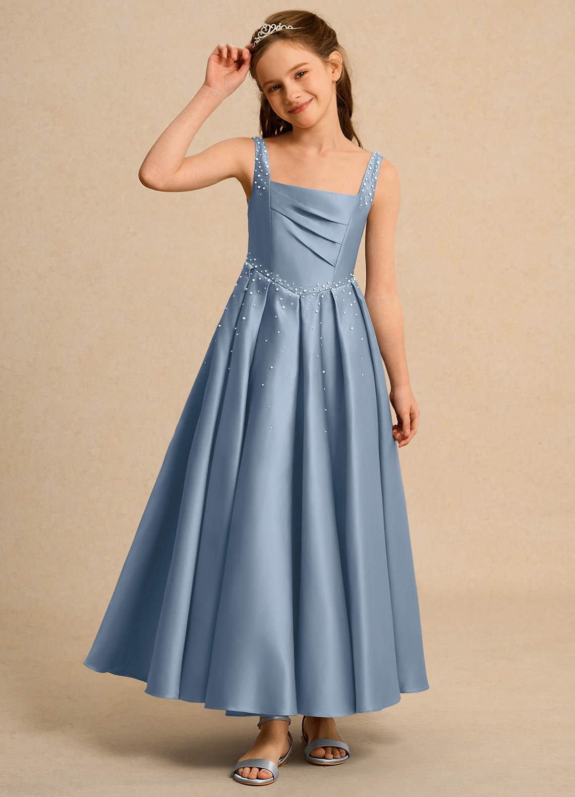 Azazie Mochi Girl Junior Formal Flower Girl Dresses Dusty Blue Ball-Gown Pleated Matte Satin Dress image5