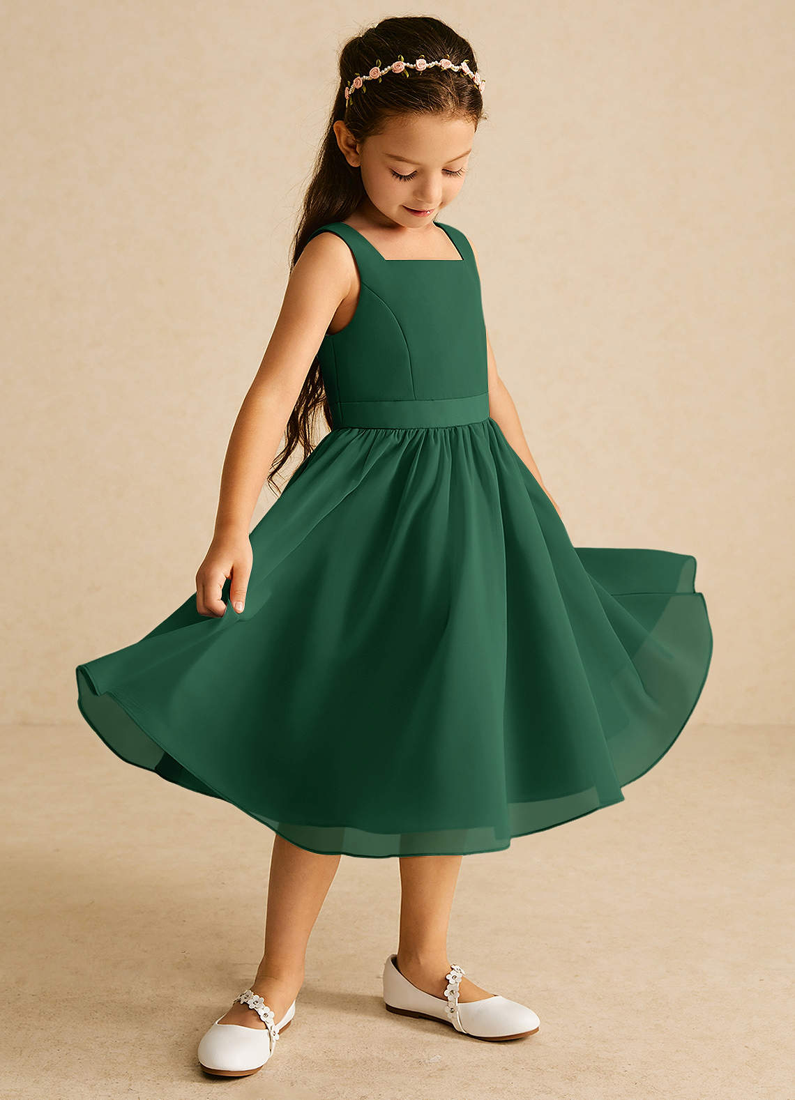 Azazie Ari Abiti da Ragazza di Fiori Abito A-Line in Chiffon Senza Maniche Verde Scuro image1