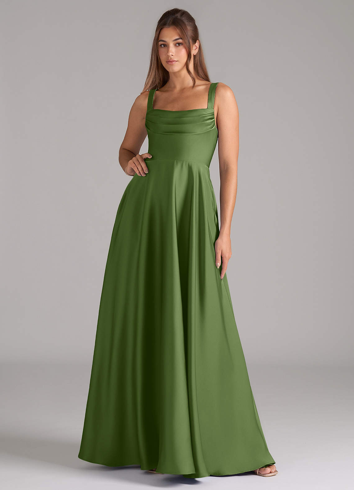 Azazie Shaude Bridesmaid Dresses Juniper A-Line Pleated Stretch Satin Dress image1
