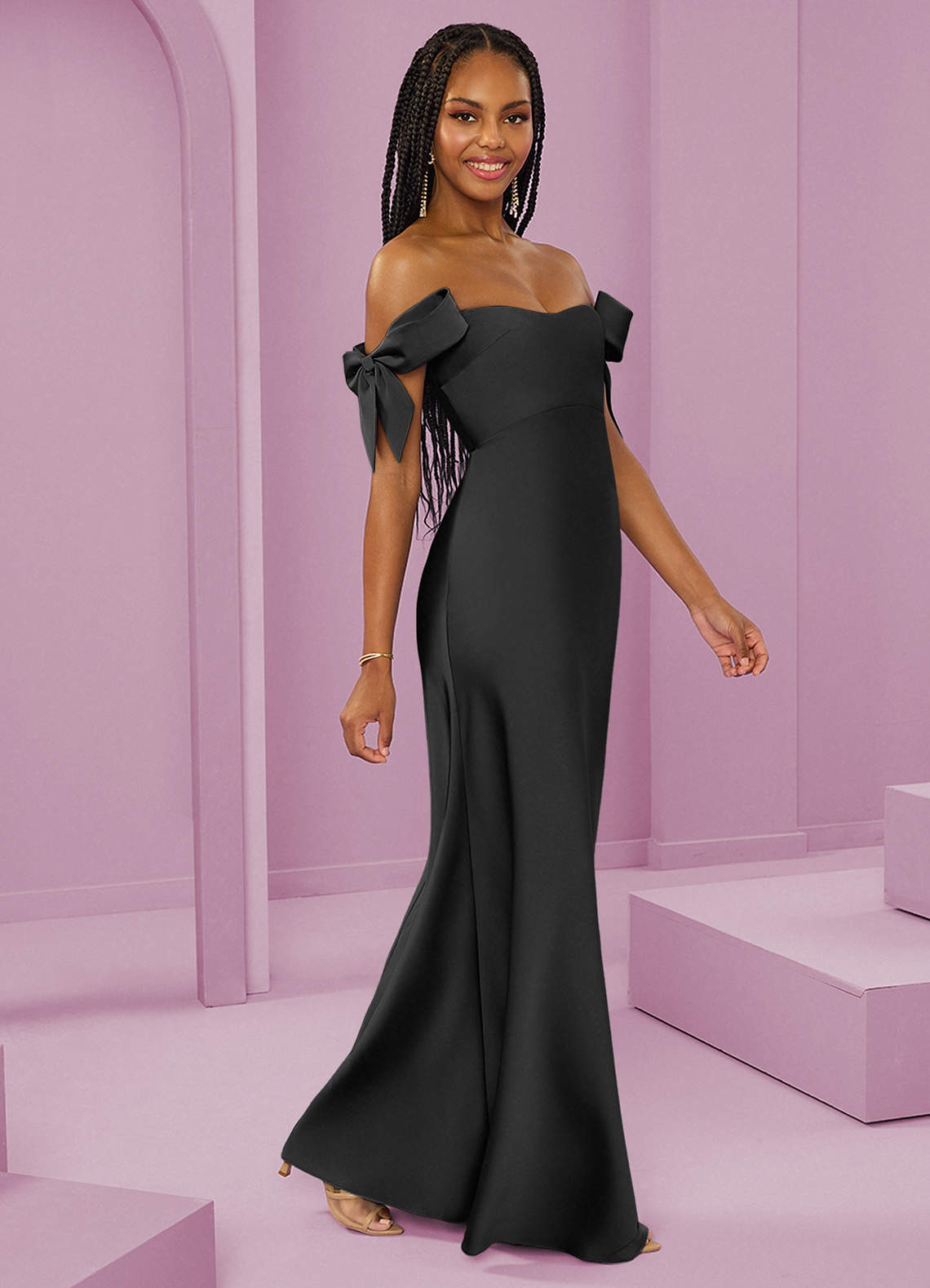 Barbie ♥ Azazie Bridesmaid Dresses Black Sheath Off the Shoulder Stretch Satin Convertible Dress image1
