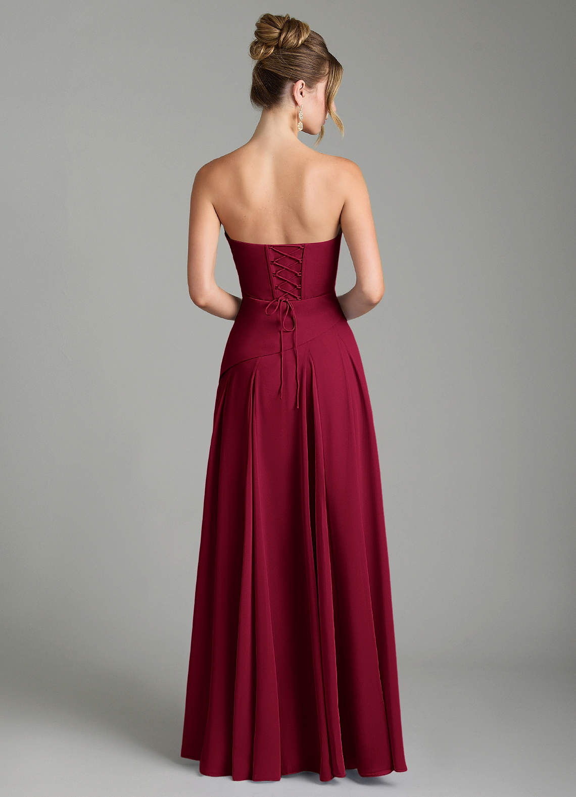 Azazie Gabriela At-home Try On Dresses Burgundy A-Line Corset Chiffon Dress image7