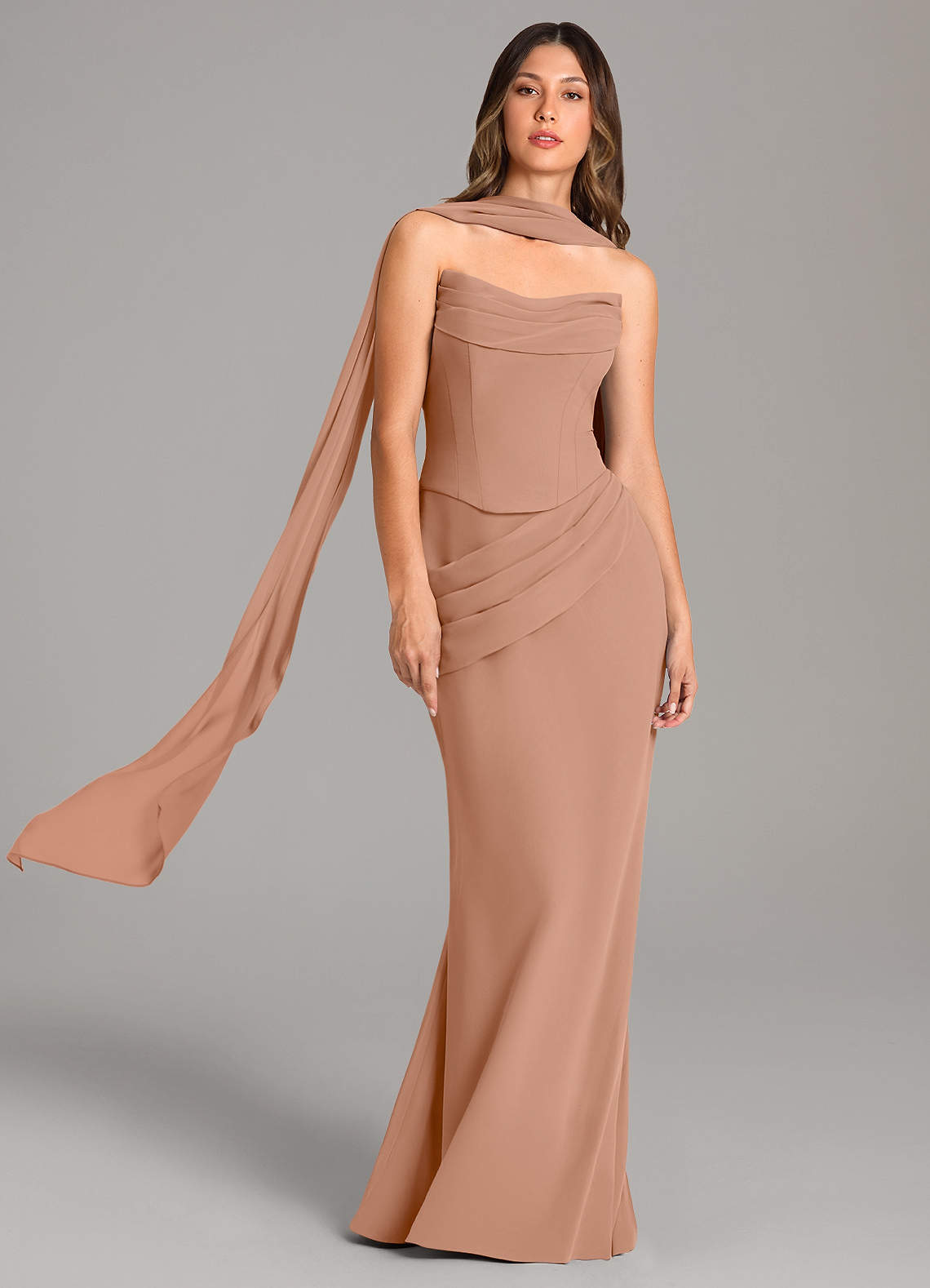 Azazie Sorrel Vestidos de damas de honor Vestido de Champán Rosado de Gasa de Corte Sirena con Corsé image1