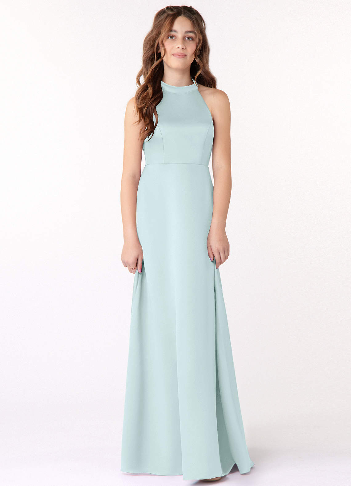 Azazie Laurel Junior Sea Glass A-Line Stretch Satin Dress image1