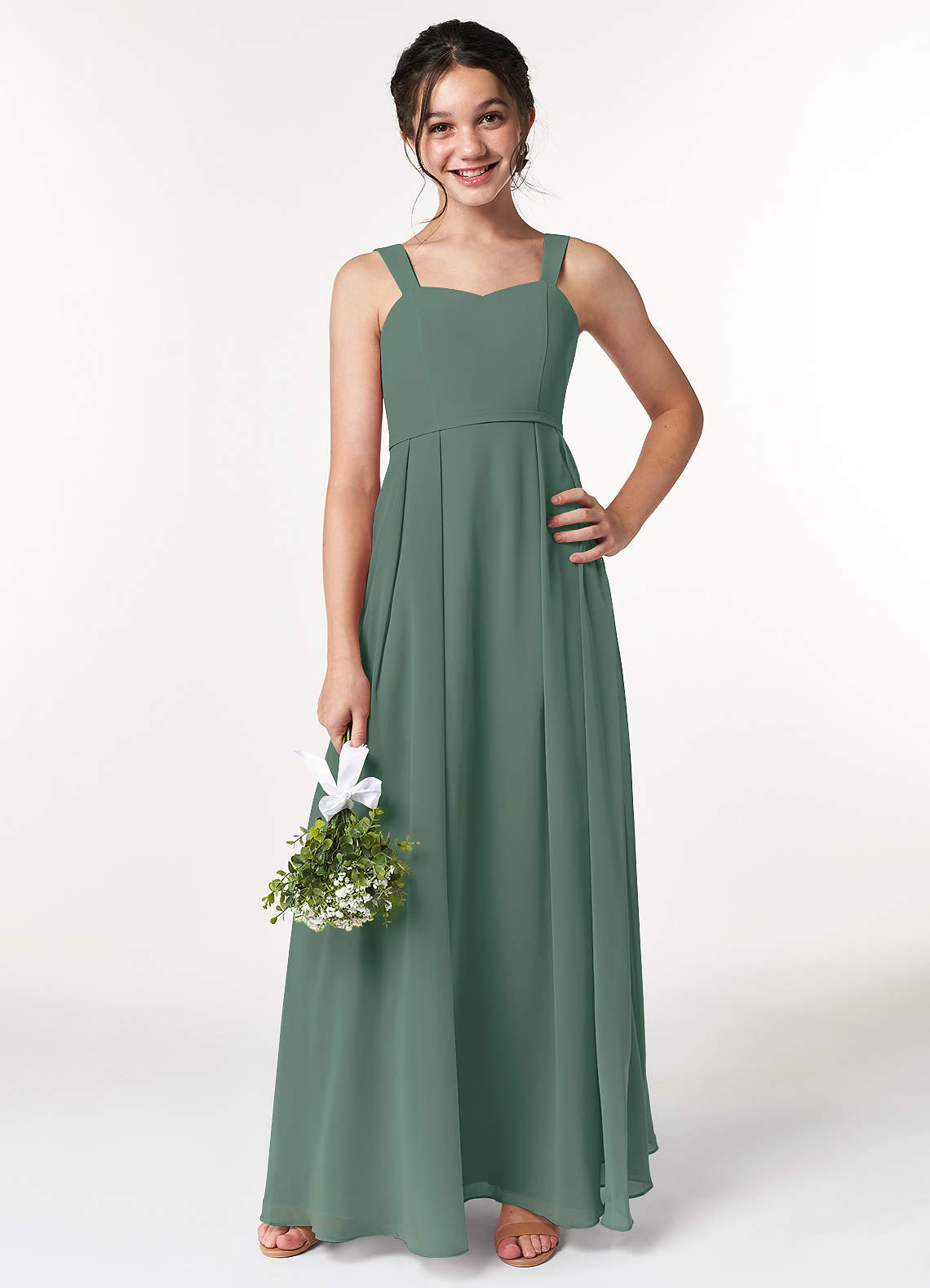 Azazie Simoan Junior Abito A-Line in Chiffon Scollo a Cuore Muschio Marino image1