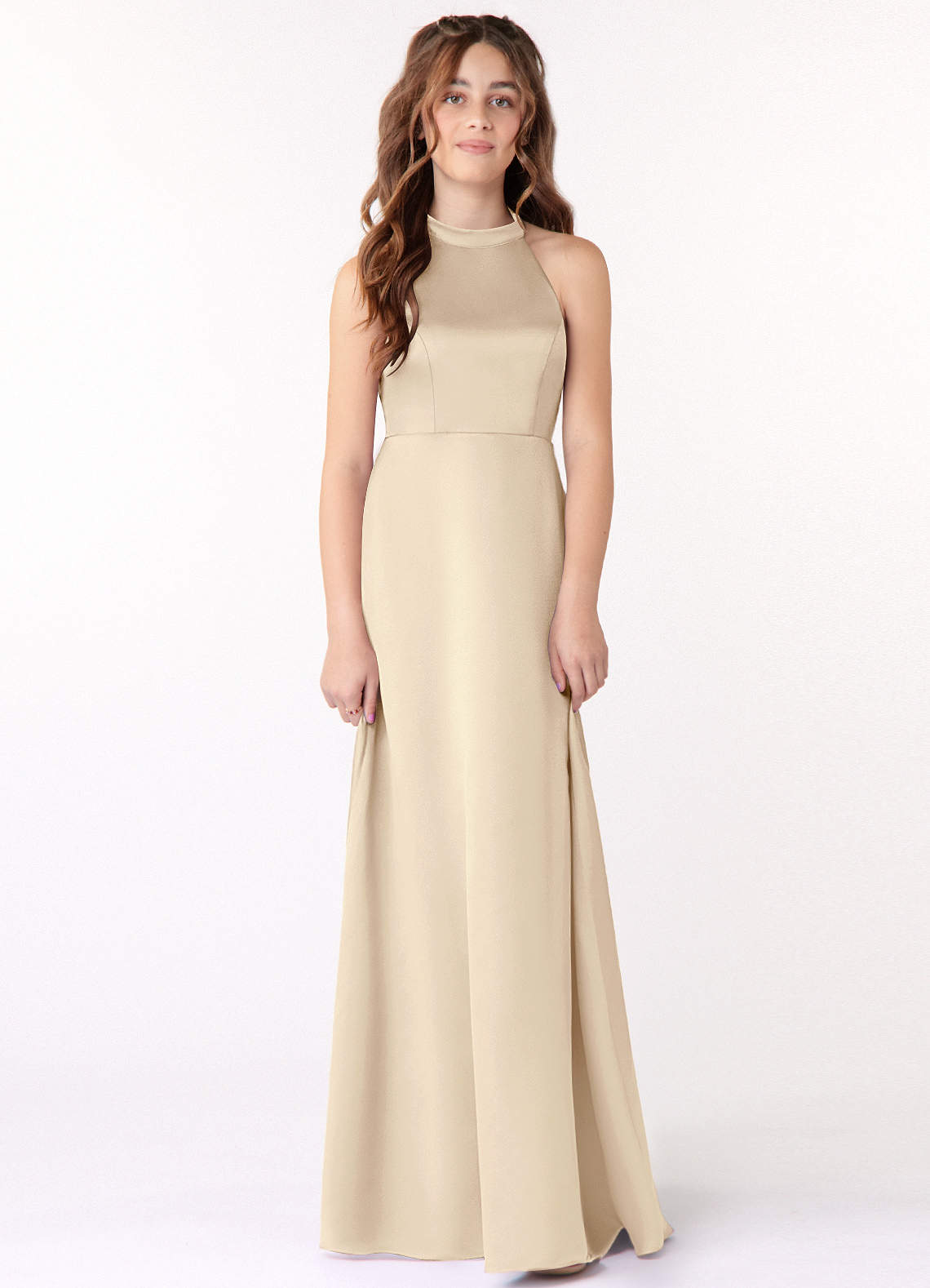 Azazie Laurel Junior Champagne A-Line Matte Satin Dress image1