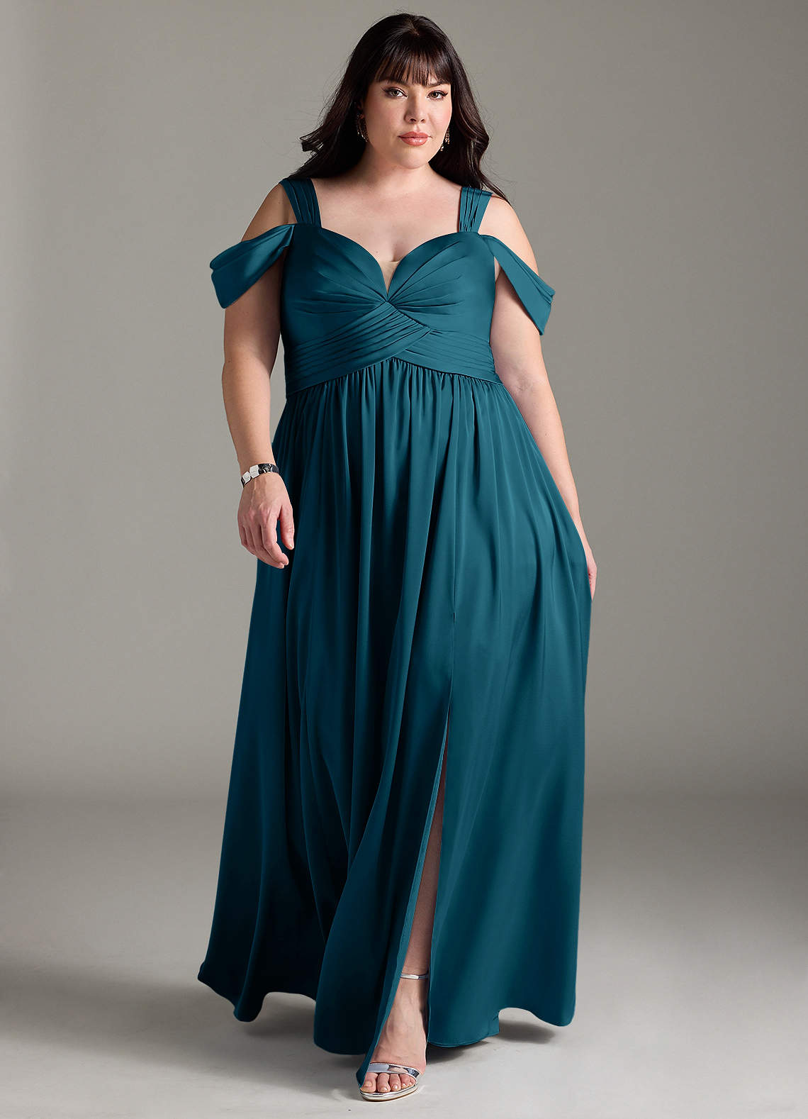 Azazie Lianne Bridesmaid Dresses Ink Blue A-Line Off the Shoulder Stretch Satin Dress image1