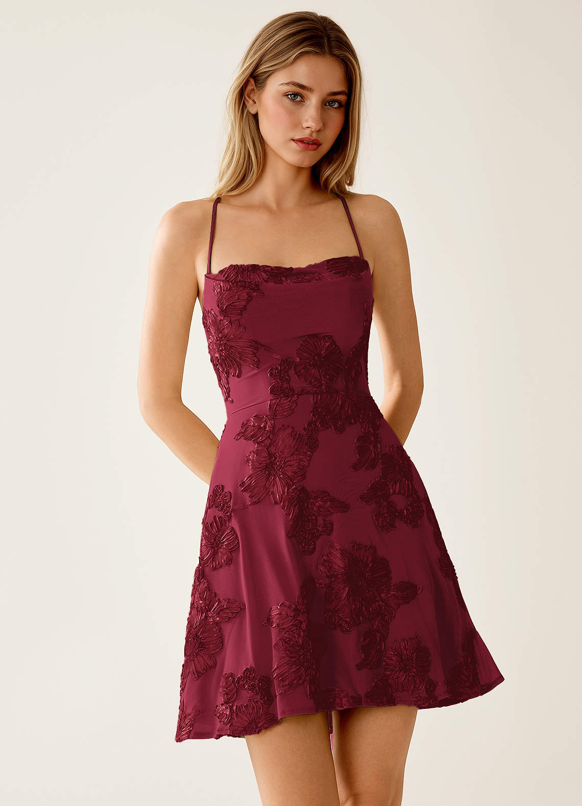 Lysandra Burgundy Stretch 3D Flowers Corset Mini Dress | Azazie