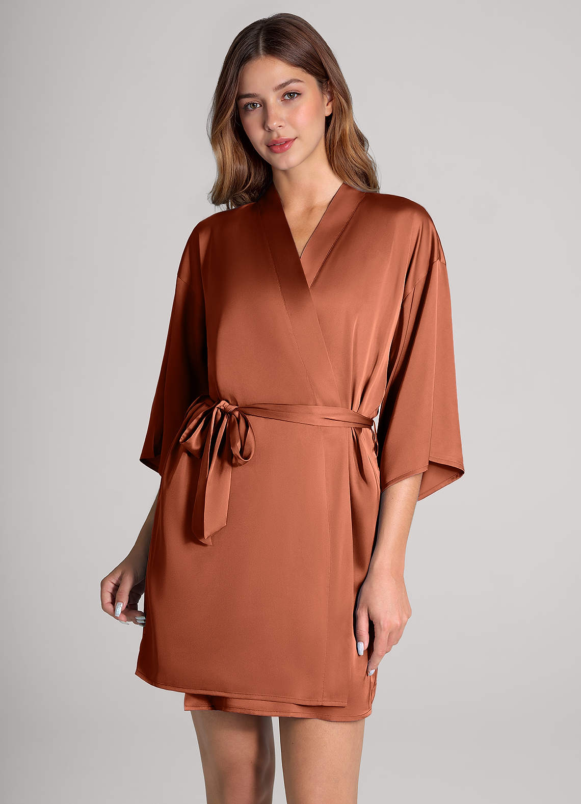 front Matching Color 2-Piece Satin Robe and Slip Set