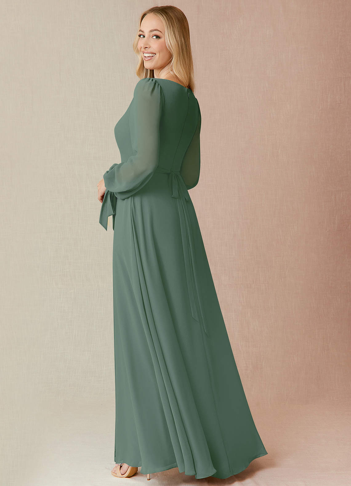 Azazie Leonia Bridesmaid Dresses Eucalyptus A-Line Long Sleeve Chiffon Dress image1