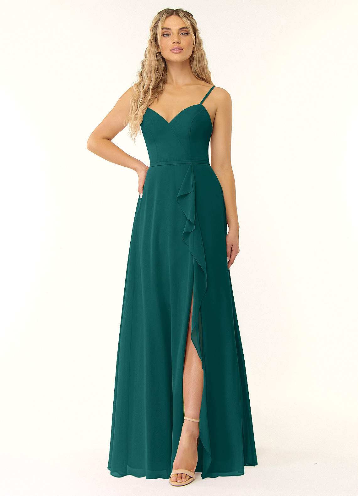 Azazie Naeem Bridesmaid Dresses Peacock A-Line V-Neck Ruffle Chiffon Dress image1