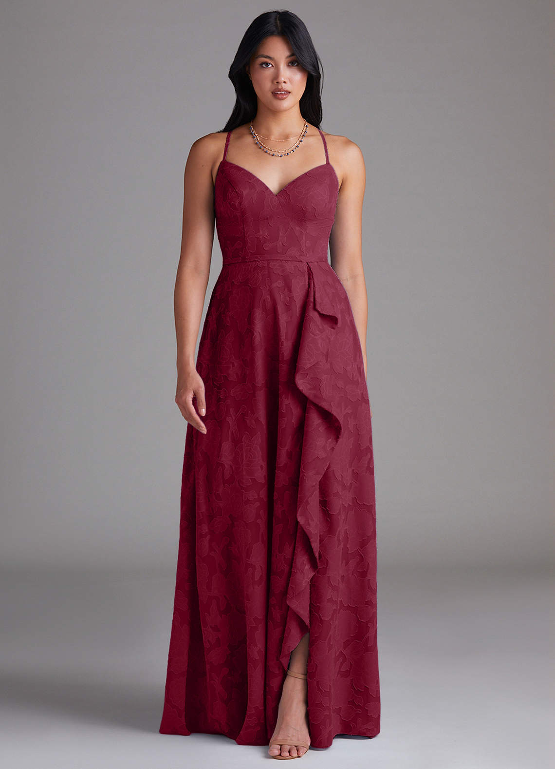 Azazie Naeem Brautjungfernkleider A-Linie Blumen-Burnout Kleid Burgunderrot image1